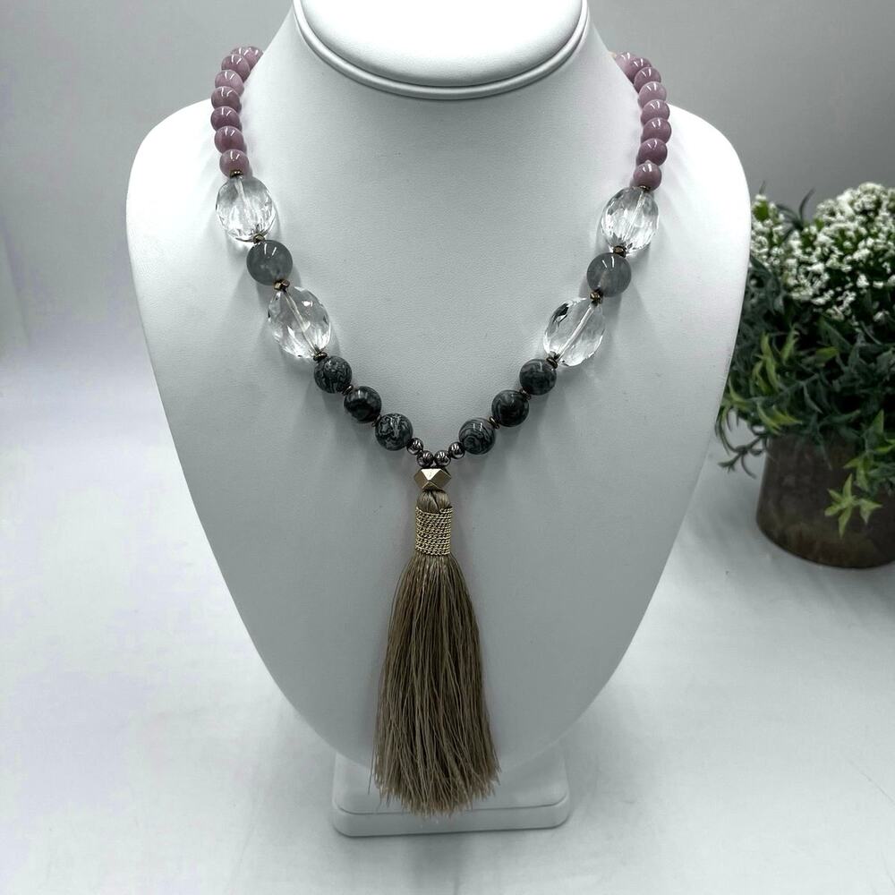 Nakamol Rose Quartz & Smokey Quartz Grey Boho Tassel Anthropologie‎ Necklace